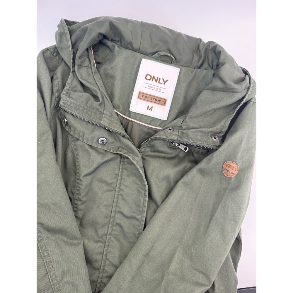 ONLY Womens Olive Green Hooded Utility Parka Jacket Full Zip Drawstring Waist M